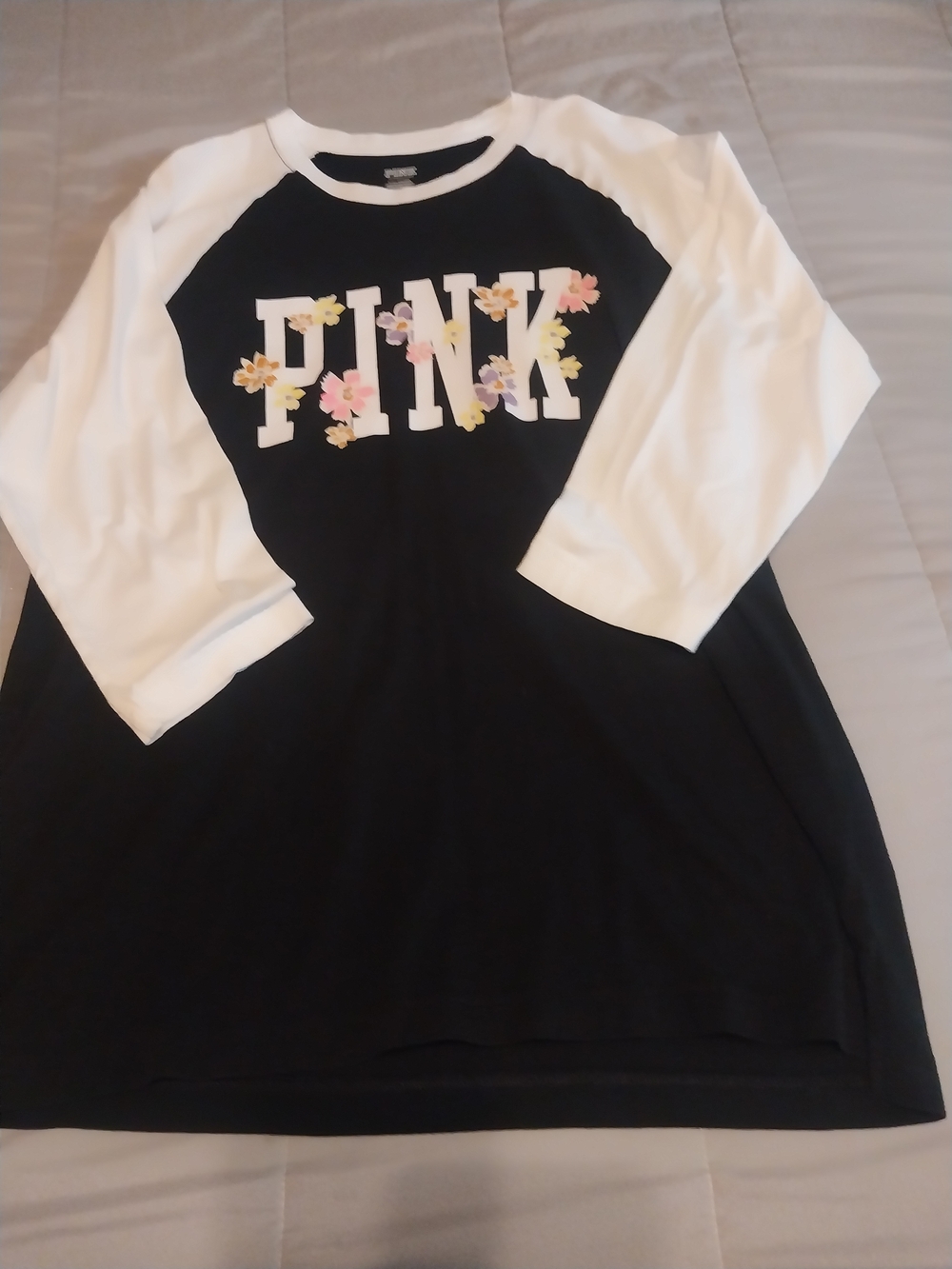 PINK Victoria's Secret Black & White Raglan Tee with Floral Logo